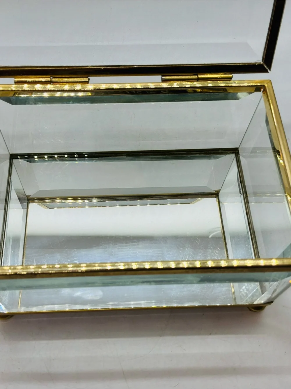 Vintage Hinged Jewelry Box Brass Beveled Glass Mirrored Trinket Jewelry Box